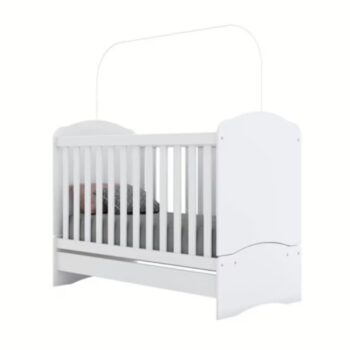 White Baby Crib with Mattress and Baby Mobile
