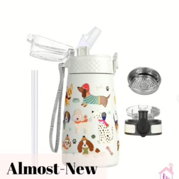 OLDLEY Kids Insulated Stainless Steel Water Bottle with Straw and Two Lids (350ml / 12oz) - Dog Print: Almost-New